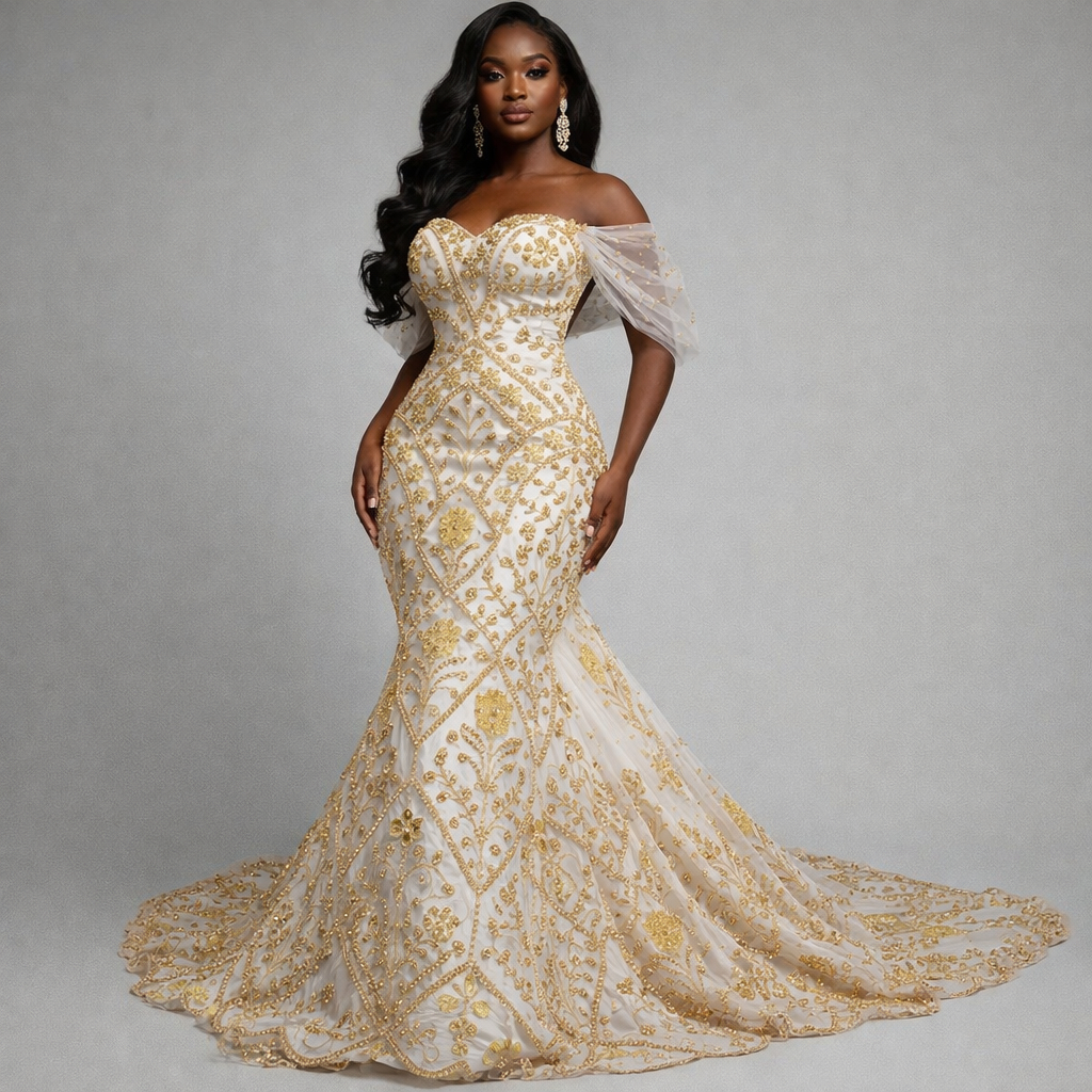 Gold Embroidered Sequin Net Lace Fabric